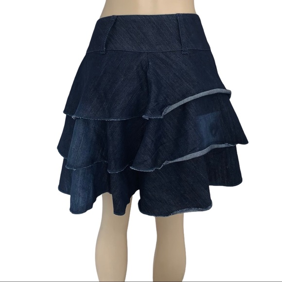 Vintage A-line Ruffle Dark Blue Denim Jean Handmade Mini Skirt - Picture 3 of 3
